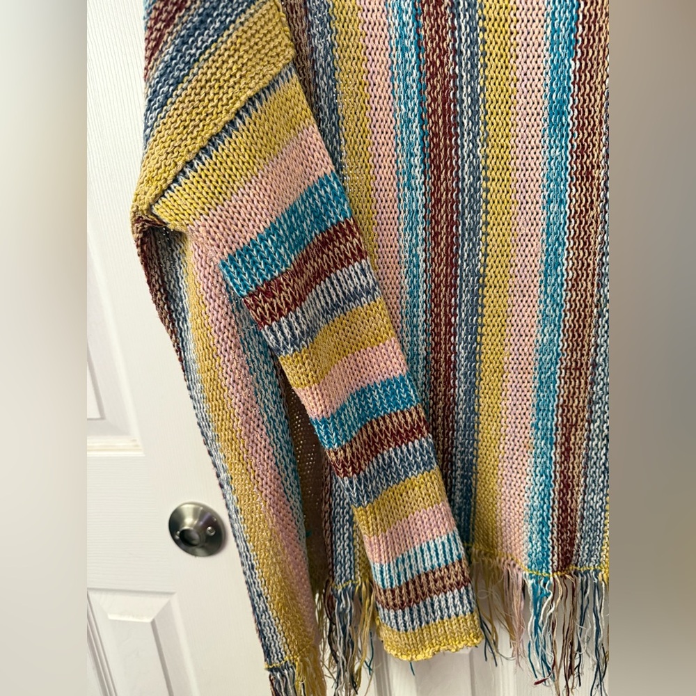 Natural Life Santa Fe Striped Knit Fringe Sweater Poncho Cape Sz L/XL Boho - Picture 3 of 4